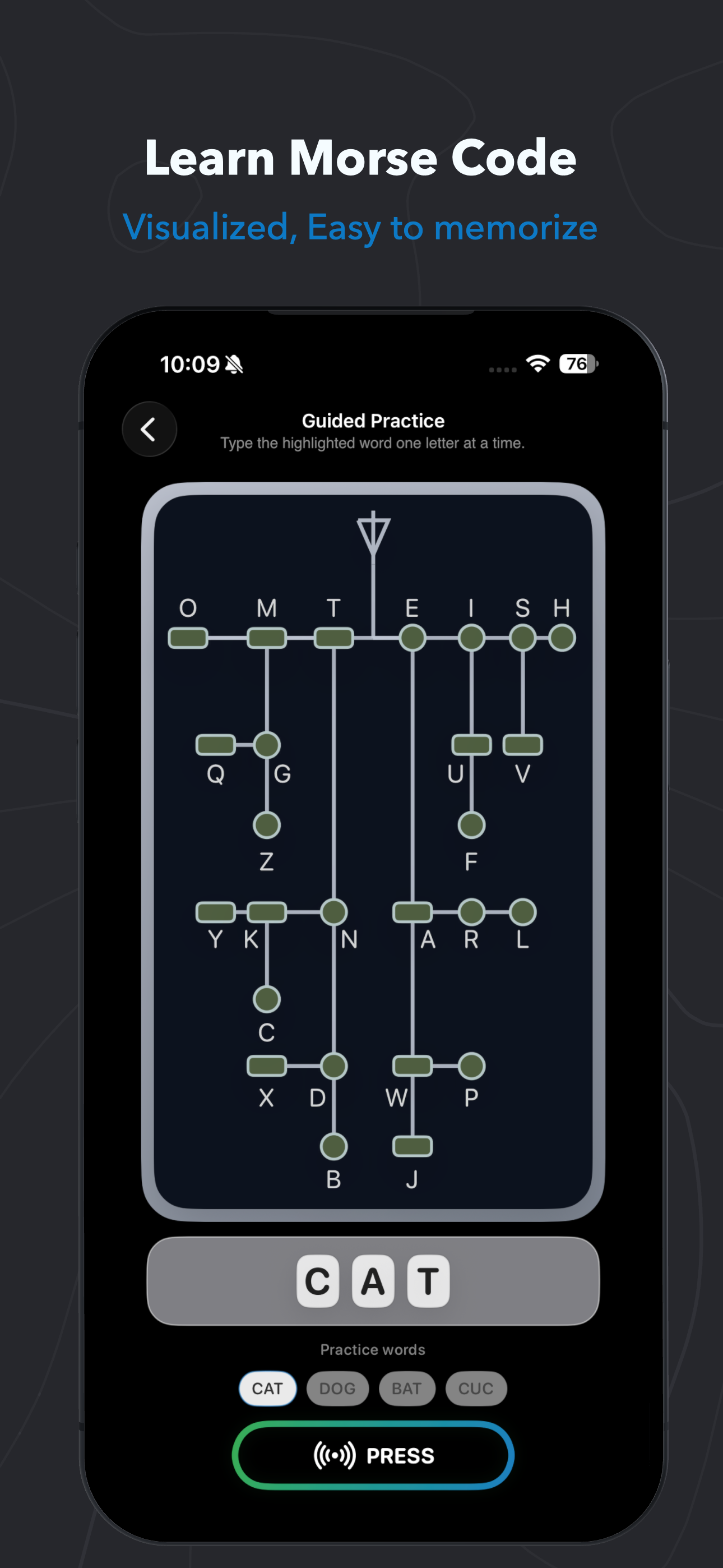 MorseLab guided practice showing Morse code tree